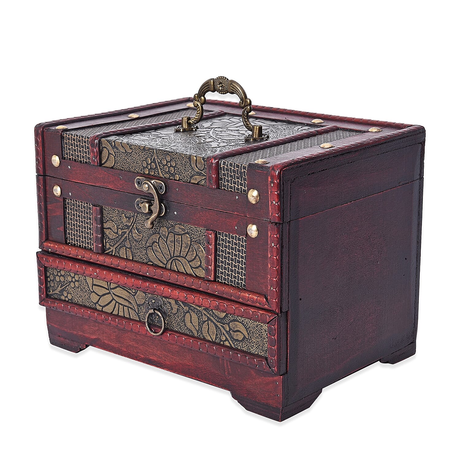 Antique Copper Floral Embossed 3 Layer Jewellery Box with Inside Mirror, Top Removable Tray and a Pull-out Drawer (Size 22x17x16 Cm)