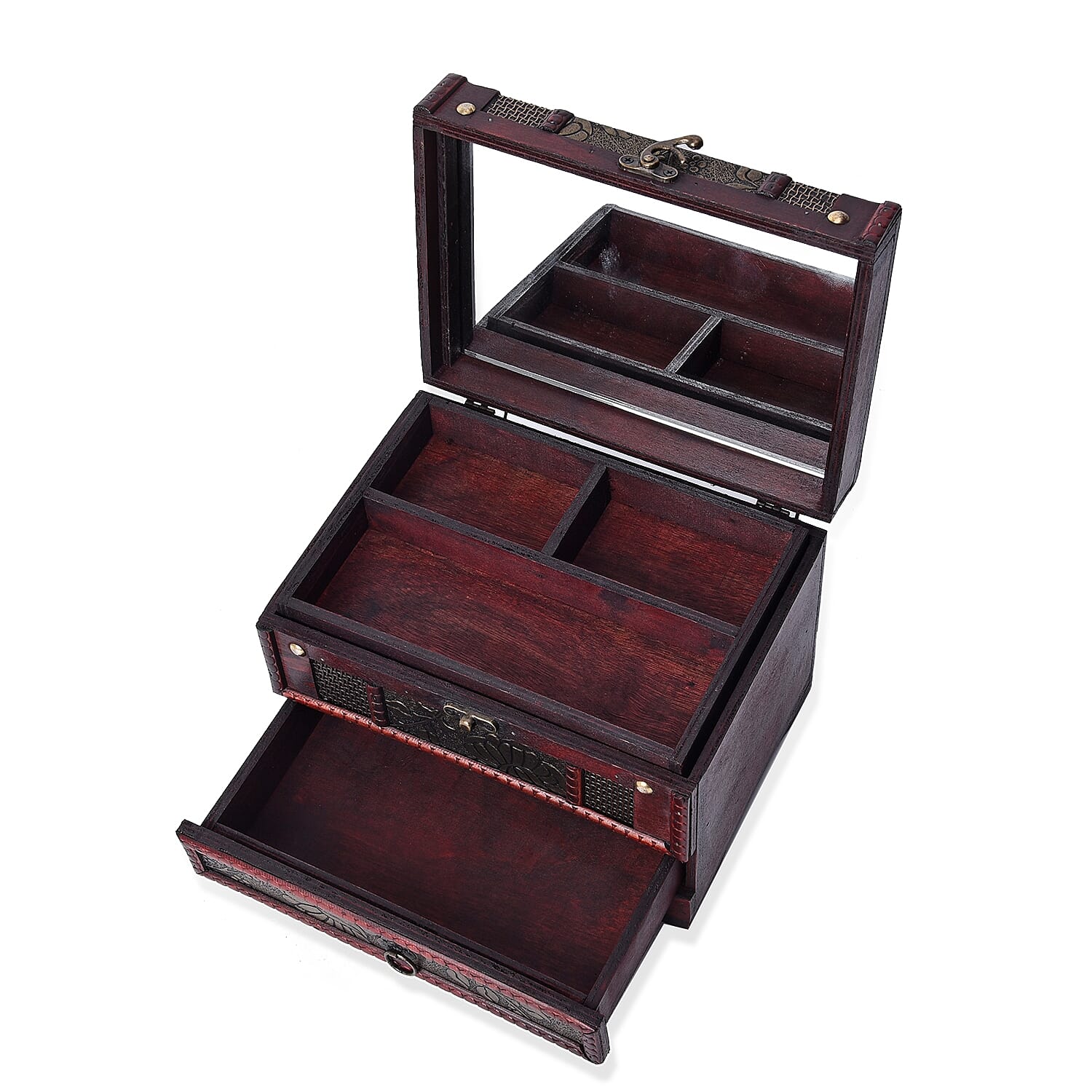 Antique Copper Floral Embossed 3 Layer Jewellery Box with Inside Mirror, Top Removable Tray and a Pull-out Drawer (Size 22x17x16 Cm)
