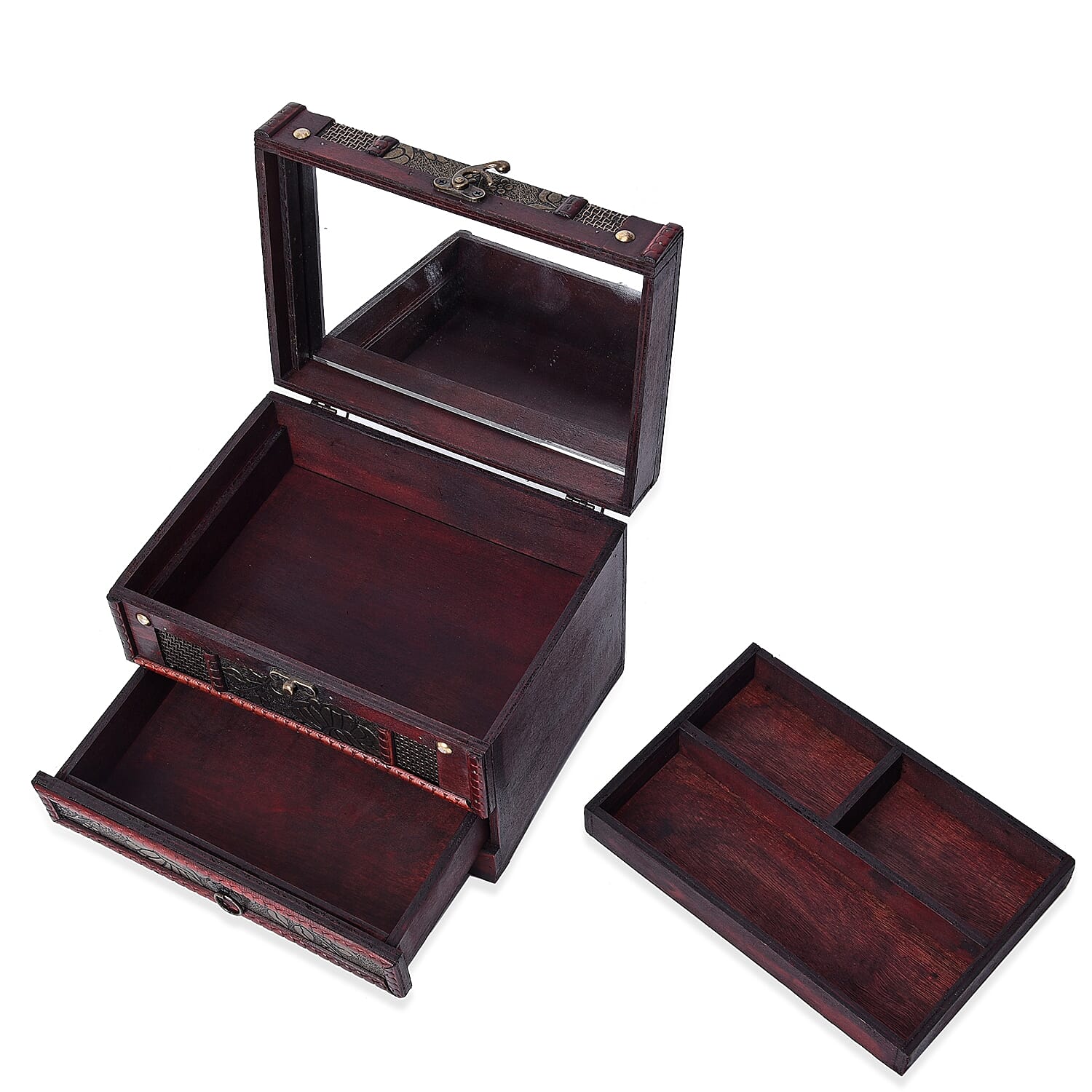 Antique Copper Floral Embossed 3 Layer Jewellery Box with Inside Mirror, Top Removable Tray and a Pull-out Drawer (Size 22x17x16 Cm)