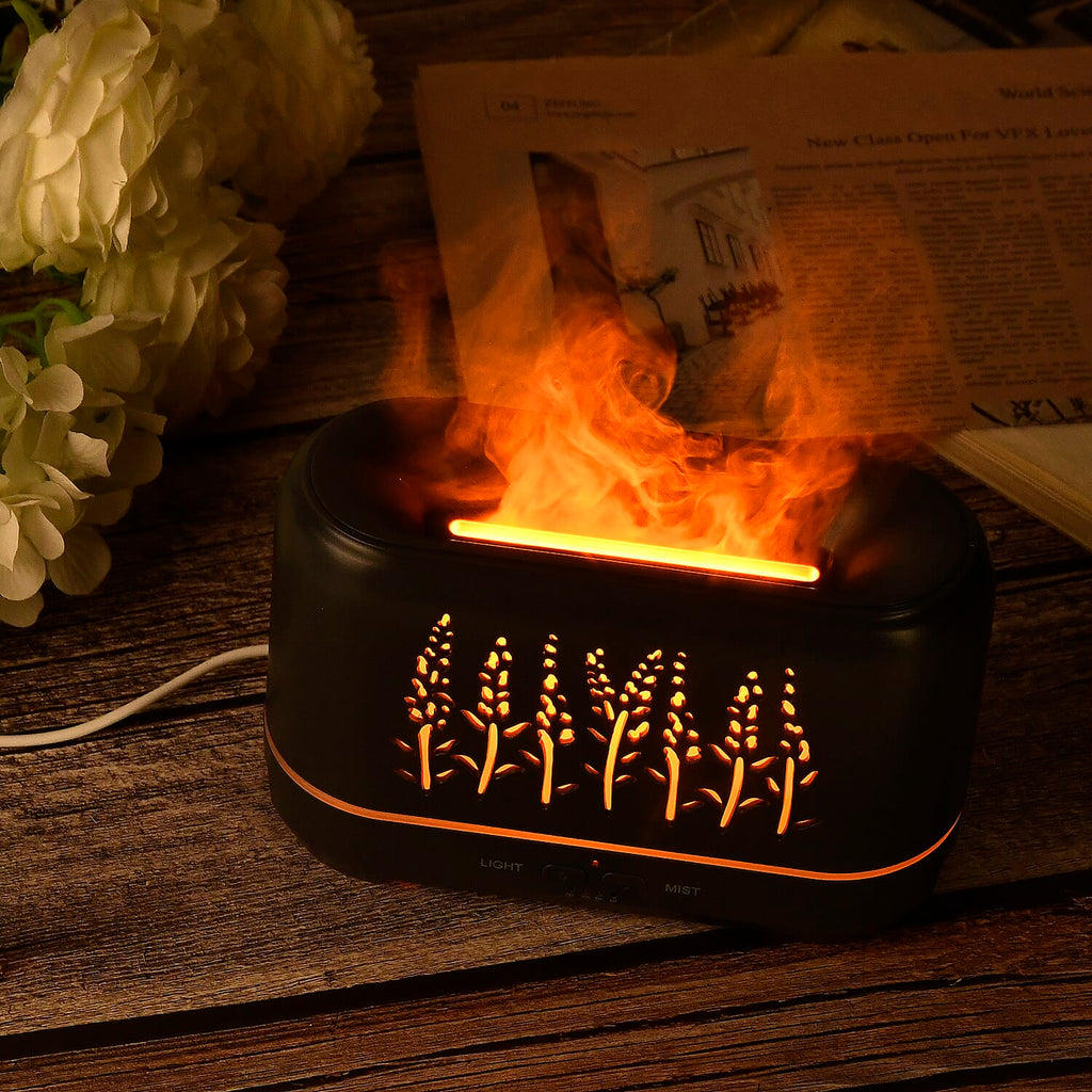 Flame Effect Aromal Diffuser with 10 Oils  - LED Light, Timer - Grey