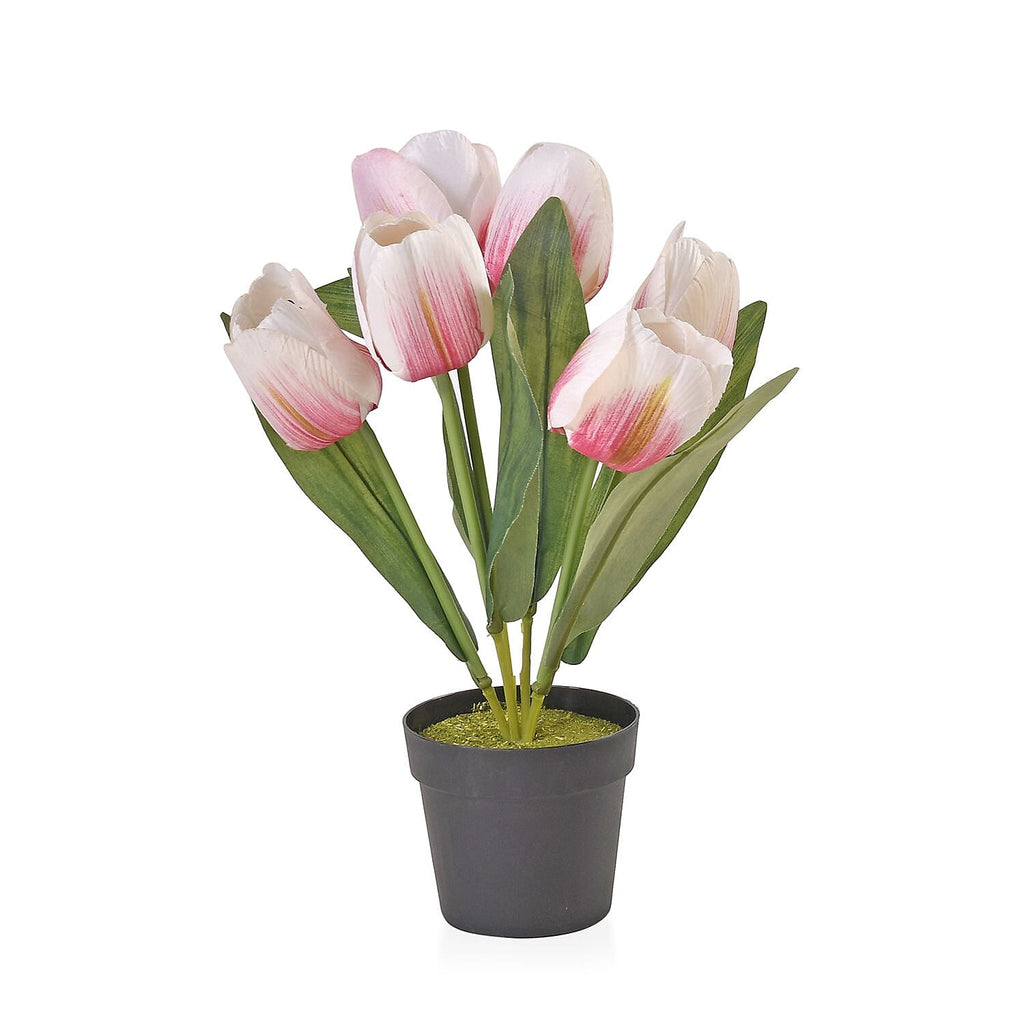 Set of 2 Artifical 6 Heads Tulip Flower Pot With Green Leaves - Pink & Red