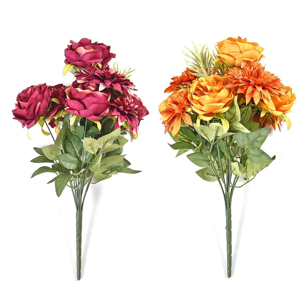Set of 2 Artifical Rose and Sunflower with 20 Heads, Green Stem, Grass - Leaves - Dark Yellow - Fuchsia