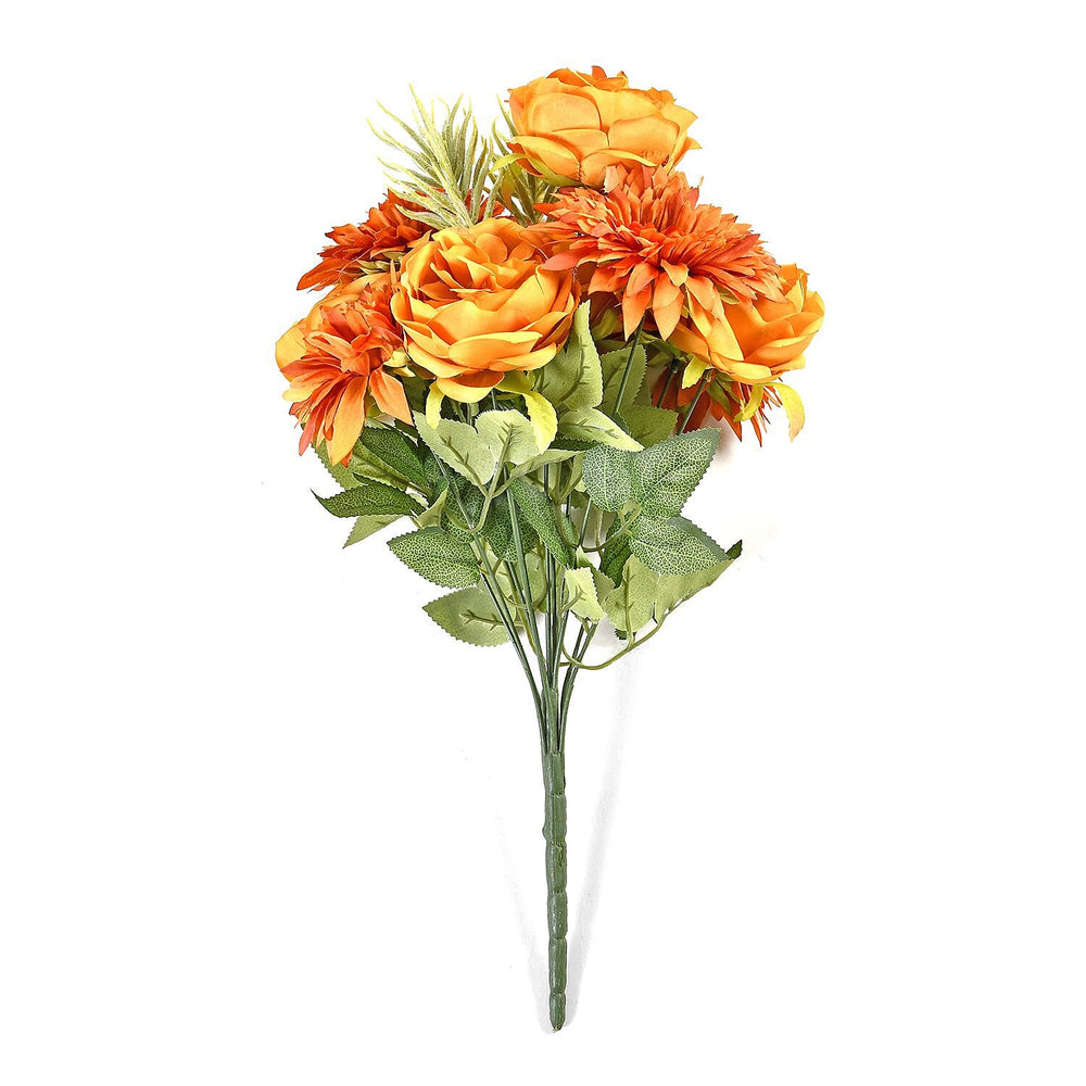 Set of 2 Artifical Rose and Sunflower with 20 Heads, Green Stem, Grass - Leaves - Dark Yellow - Fuchsia