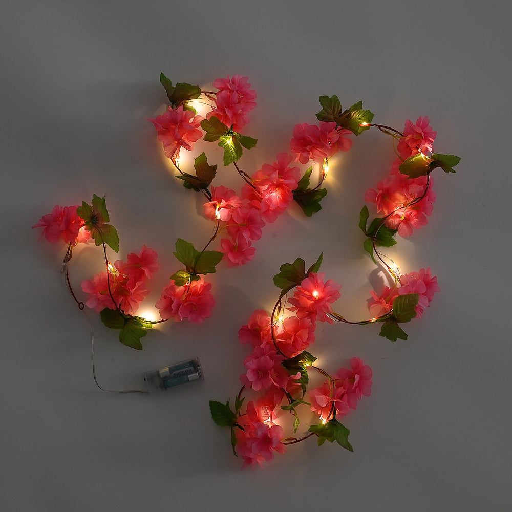 Artificial Red Cherry Blossom Vine with 20 LED Fairy Lights (2AAA Battery not Incl.) Size 200cm - Red