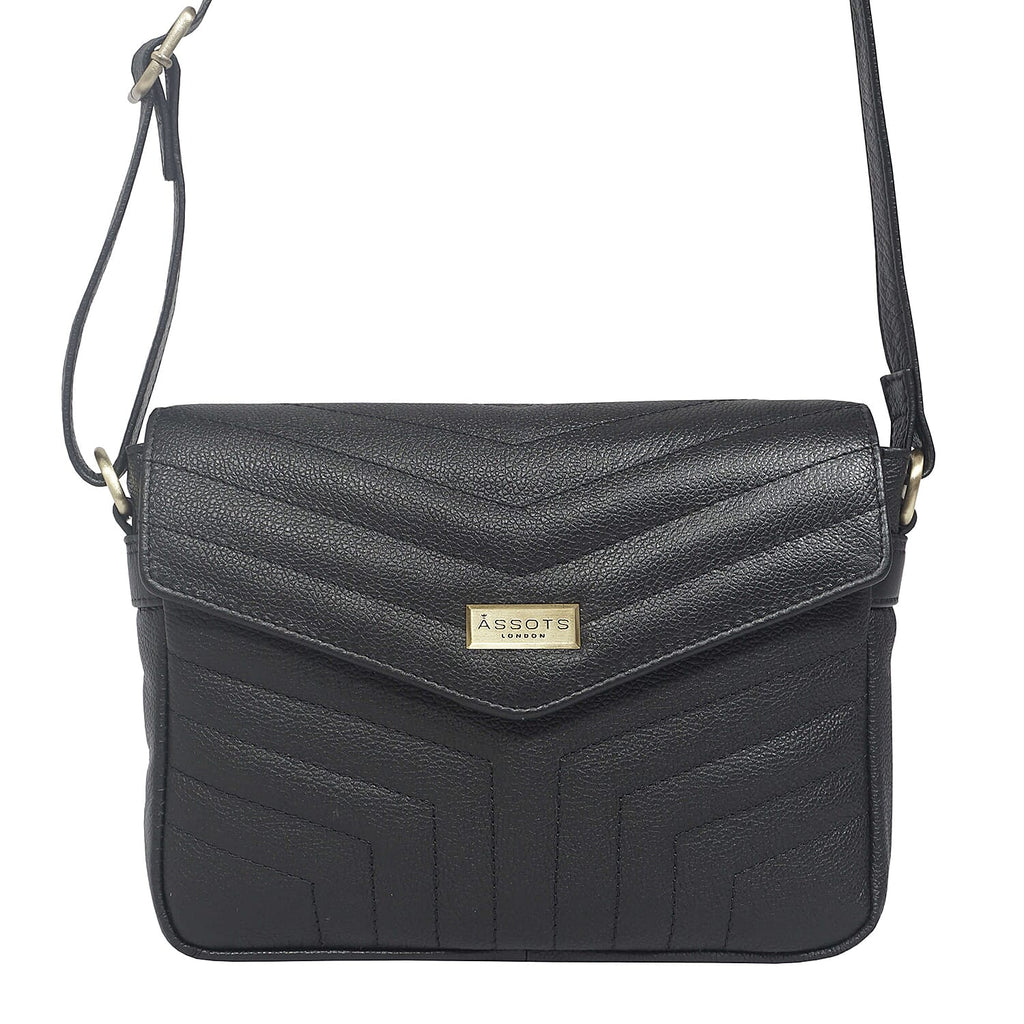 Assots London Genuine Leather Jessica Quilted Crossbody Bag - Black