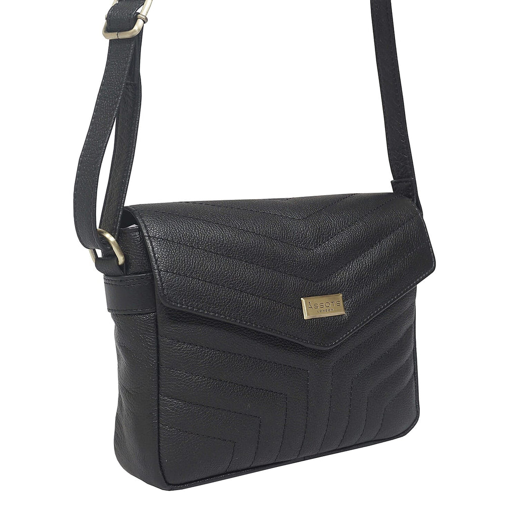 Assots London Genuine Leather Jessica Quilted Crossbody Bag - Black