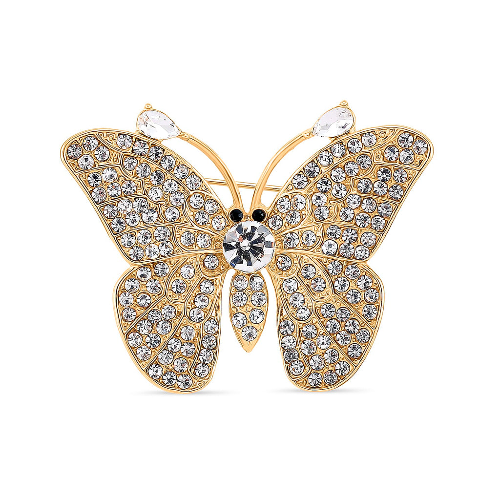 Austrian Black & White Crystal Butterfly Brooch in Yellow Gold Colour Tone