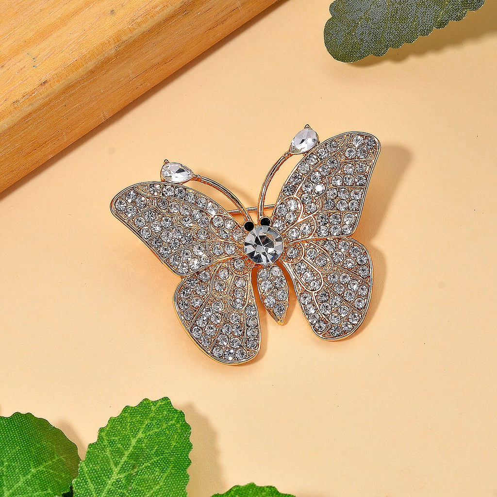 Austrian Black & White Crystal Butterfly Brooch in Yellow Gold Colour Tone