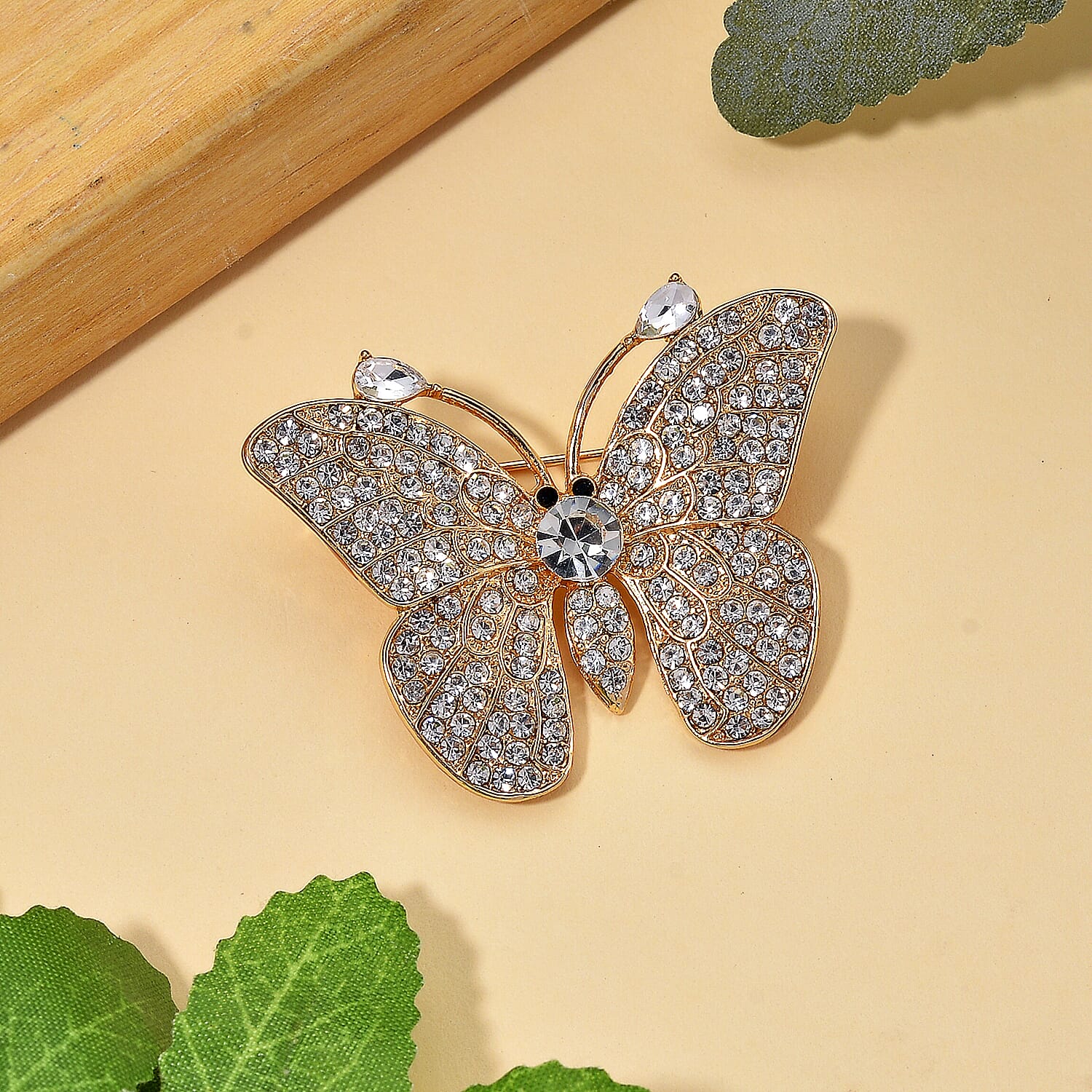 Austrian Black & White Crystal Butterfly Brooch in Yellow Gold Colour Tone