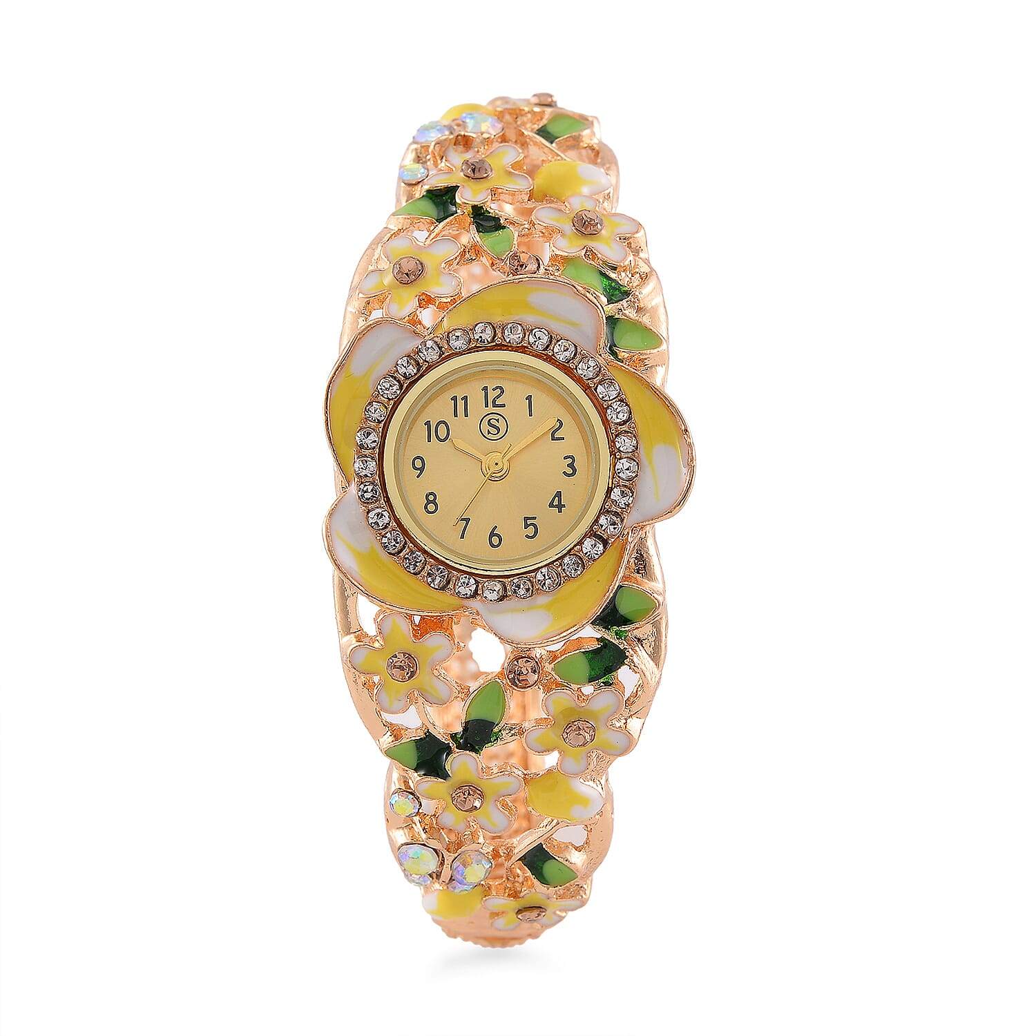 STRADA Japanese Movt. Water-Resistant Floral Bangle Watch with Yellow and Green Enamel & Crystal Strap