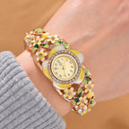 STRADA Japanese Movt. Water-Resistant Floral Bangle Watch with Yellow and Green Enamel & Crystal Strap