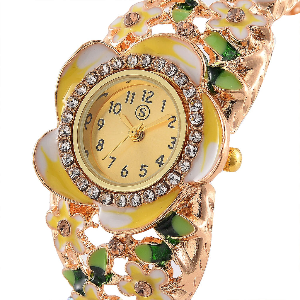 STRADA Japanese Movt. Water-Resistant Floral Bangle Watch with Yellow and Green Enamel & Crystal Strap