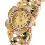 STRADA Japanese Movt. Water-Resistant Floral Bangle Watch with Yellow and Green Enamel & Crystal Strap
