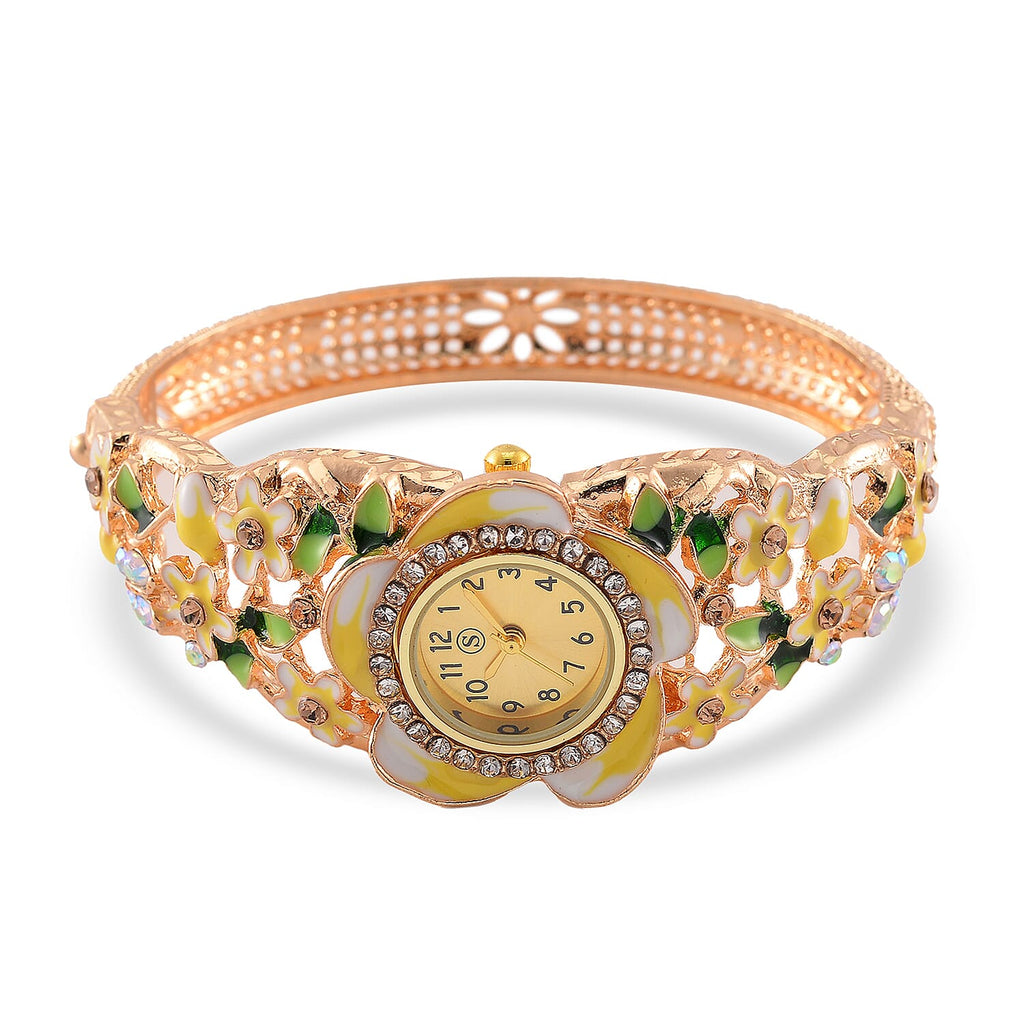STRADA Japanese Movt. Water-Resistant Floral Bangle Watch with Yellow and Green Enamel & Crystal Strap