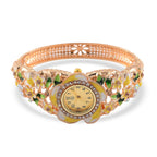 STRADA Japanese Movt. Water-Resistant Floral Bangle Watch with Yellow and Green Enamel & Crystal Strap