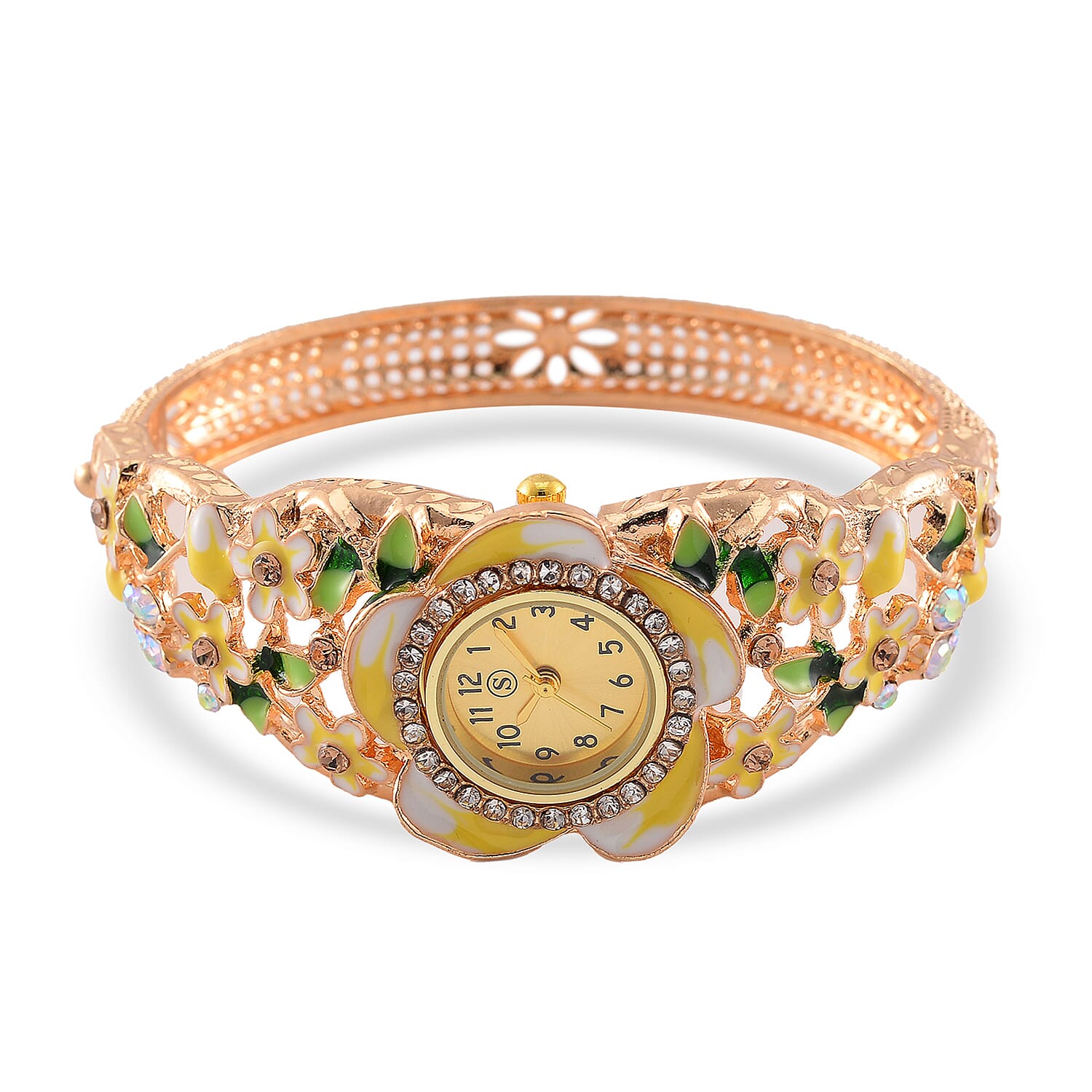 STRADA Japanese Movt. Water-Resistant Floral Bangle Watch with Yellow and Green Enamel & Crystal Strap