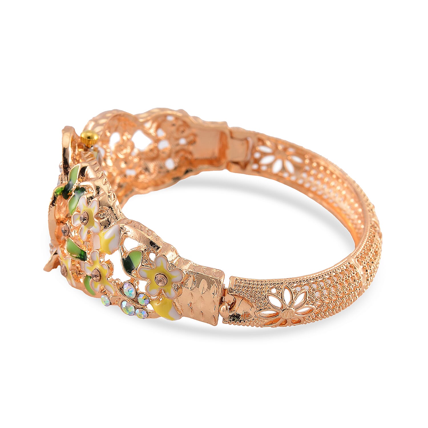 STRADA Japanese Movt. Water-Resistant Floral Bangle Watch with Yellow and Green Enamel & Crystal Strap