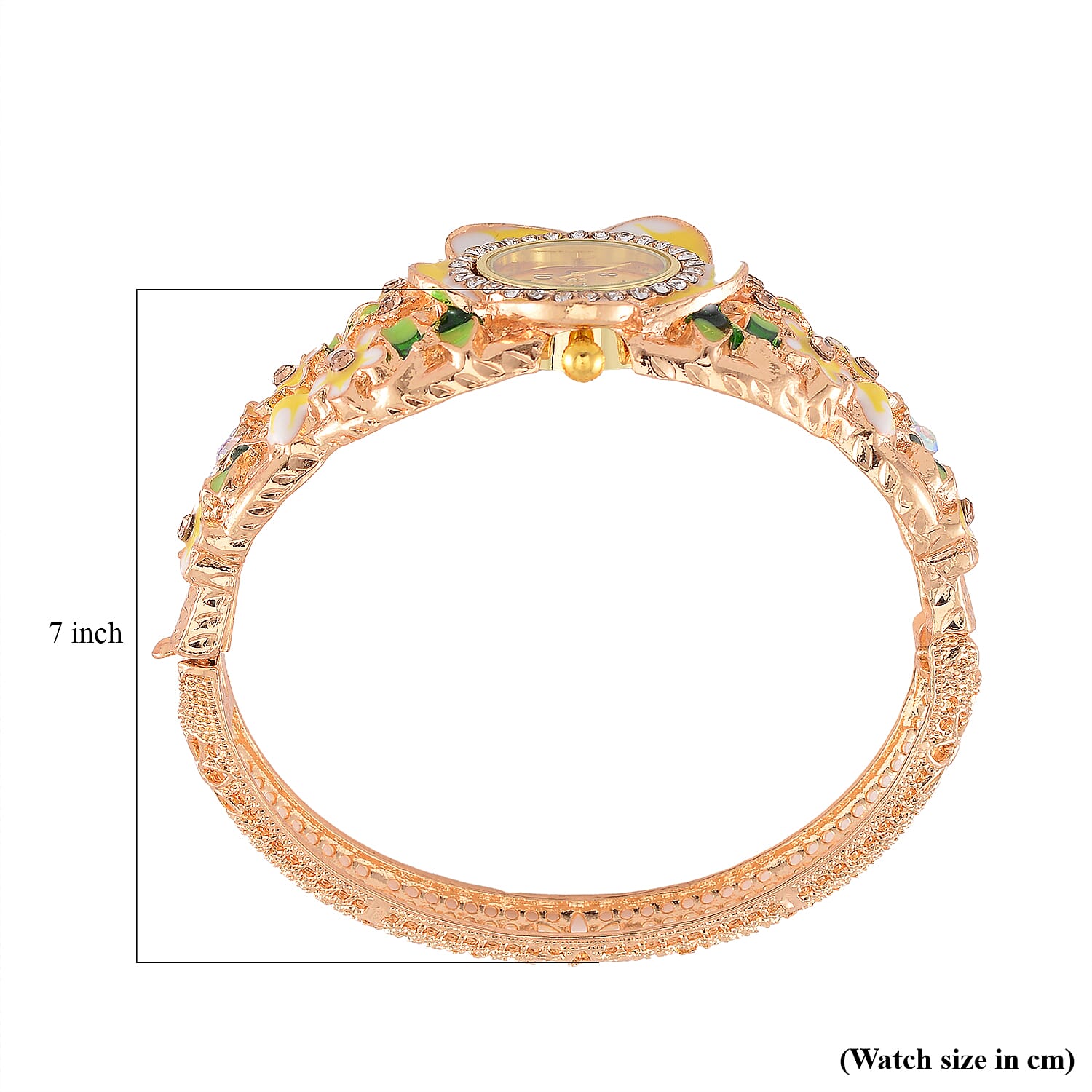 STRADA Japanese Movt. Water-Resistant Floral Bangle Watch with Yellow and Green Enamel & Crystal Strap