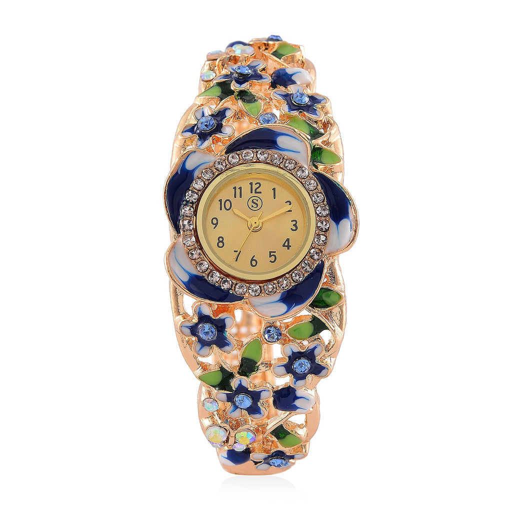 STRADA Japanese Movt. Water-Resistant Floral Bangle Watch with Multi Colour Enamel & Crystal Strap
