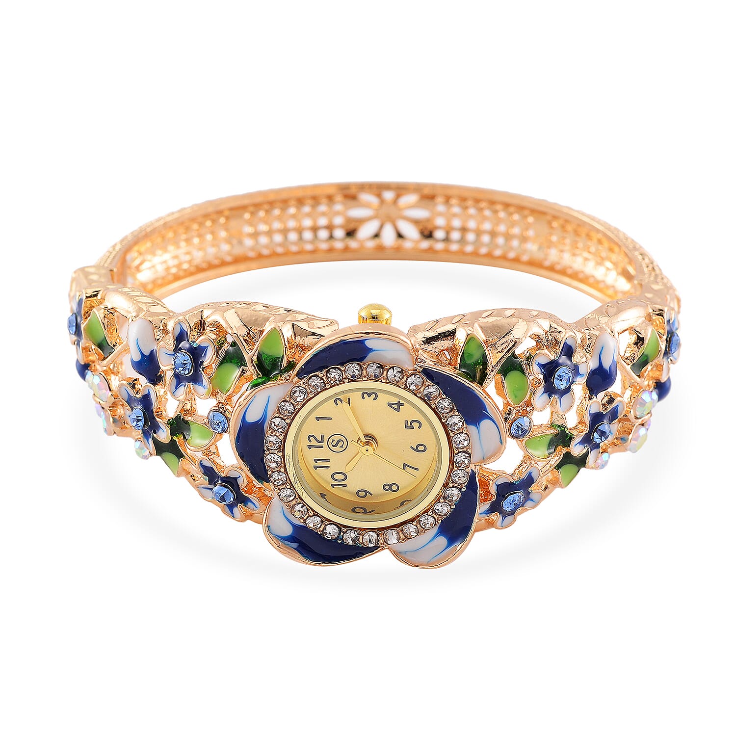 STRADA Japanese Movt. Water-Resistant Floral Bangle Watch with Multi Colour Enamel & Crystal Strap