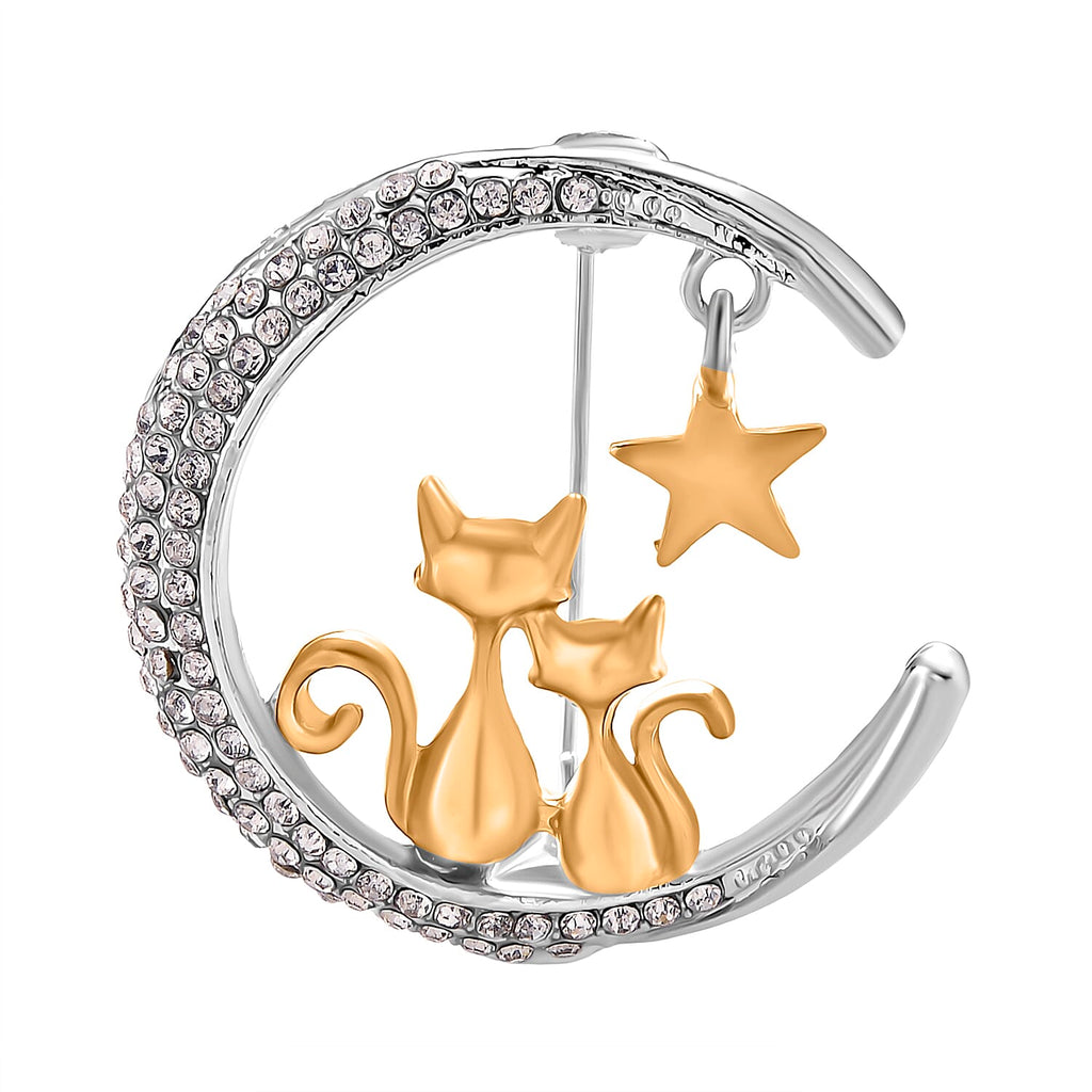 Austrian White Crystal Twin Cats & Moon Brooch in White & Yellow Gold Colour Tone