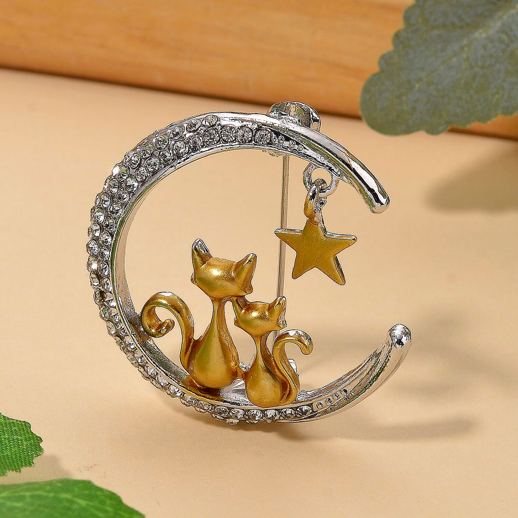 Austrian White Crystal Twin Cats & Moon Brooch in White & Yellow Gold Colour Tone