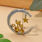 Austrian White Crystal Twin Cats & Moon Brooch in White & Yellow Gold Colour Tone