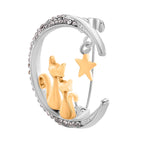 Austrian White Crystal Twin Cats & Moon Brooch in White & Yellow Gold Colour Tone