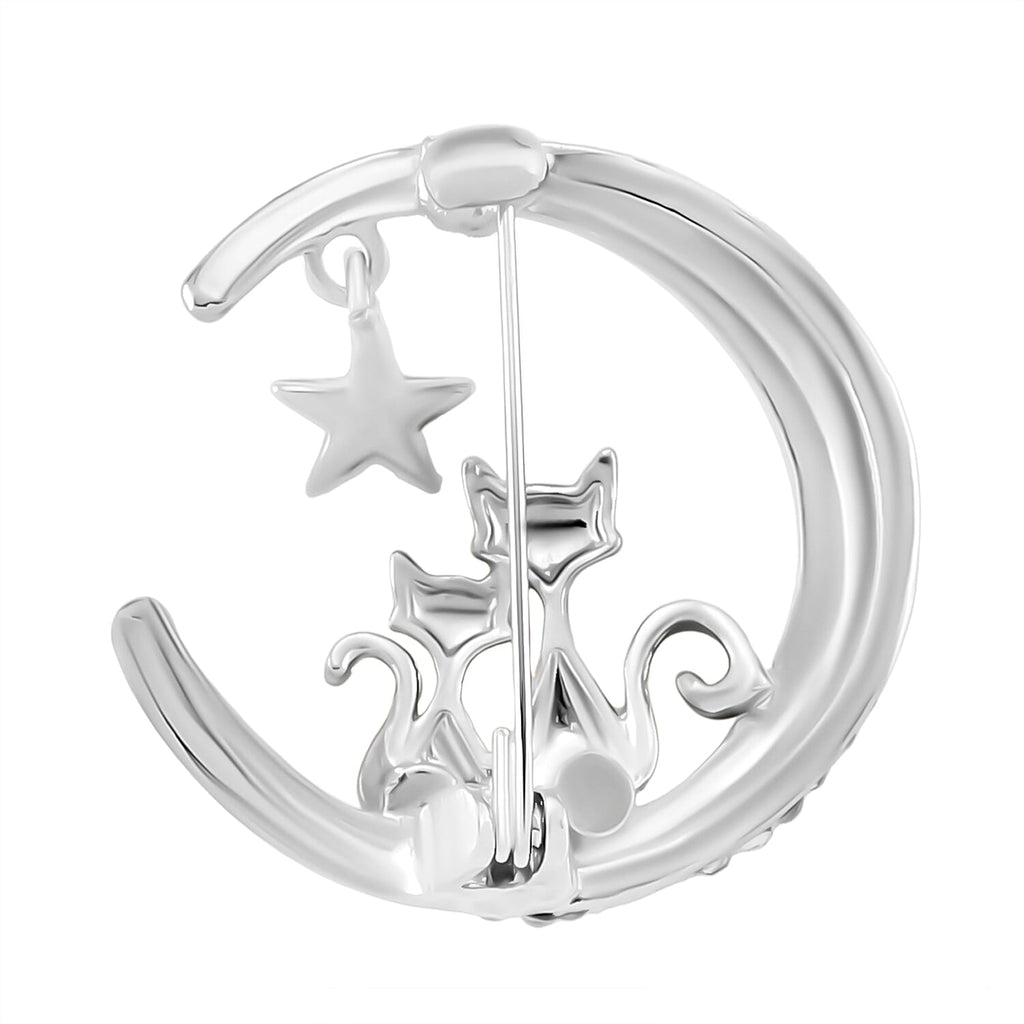 Austrian White Crystal Twin Cats & Moon Brooch in White & Yellow Gold Colour Tone