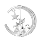 Austrian White Crystal Twin Cats & Moon Brooch in White & Yellow Gold Colour Tone