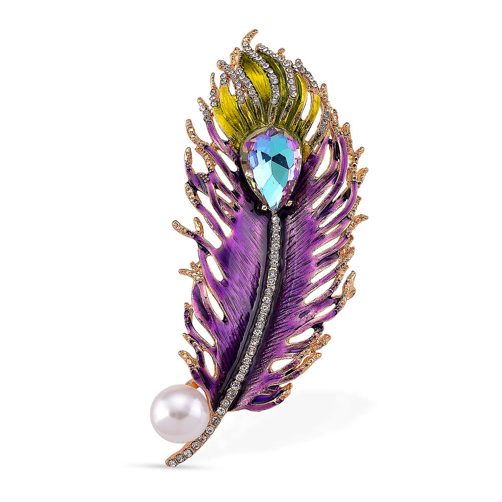 Austrian White Crystal & Purple Magic Color Crystal Pendent Cum Brooch with Enamel in Yellow Gold Plated -Leaf