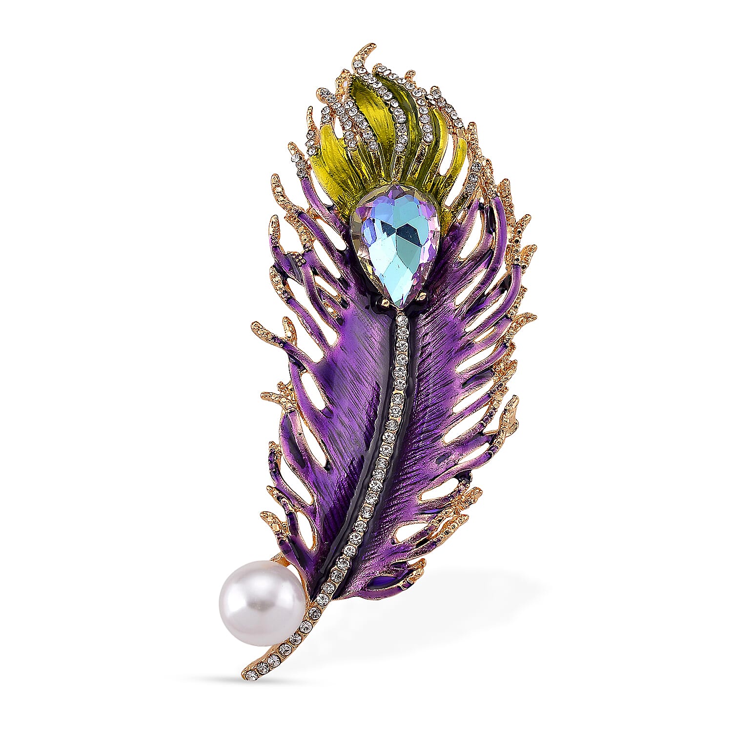Austrian White Crystal & Purple Magic Color Crystal Pendent Cum Brooch with Enamel in Yellow Gold Plated -Leaf