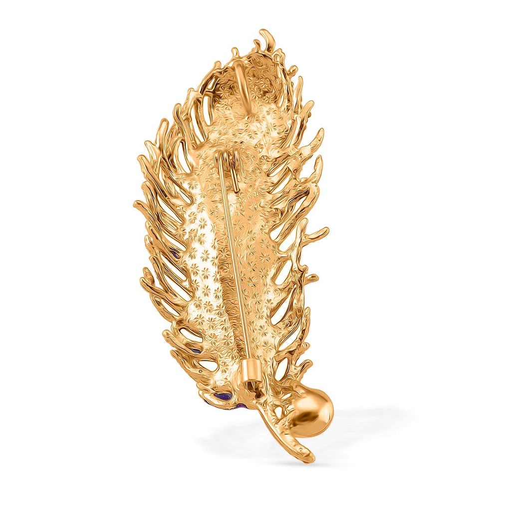 Austrian White Crystal & Purple Magic Color Crystal Pendent Cum Brooch with Enamel in Yellow Gold Plated -Leaf