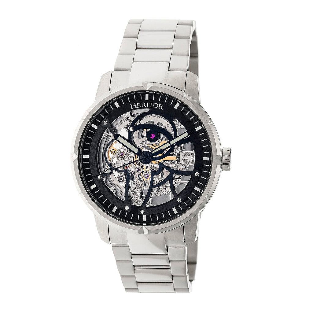 Heritor Ryder Automatic Movement 5 ATM Water Resistant Watch with Skeleton Display & Stainless Steel Chain Strap in Silver & Black Tone