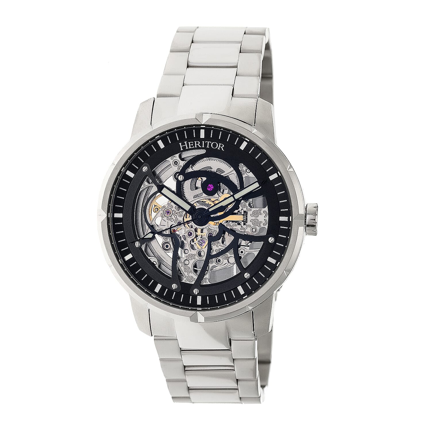 Heritor Ryder Automatic Movement 5 ATM Water Resistant Watch with Skeleton Display & Stainless Steel Chain Strap in Silver & Black Tone