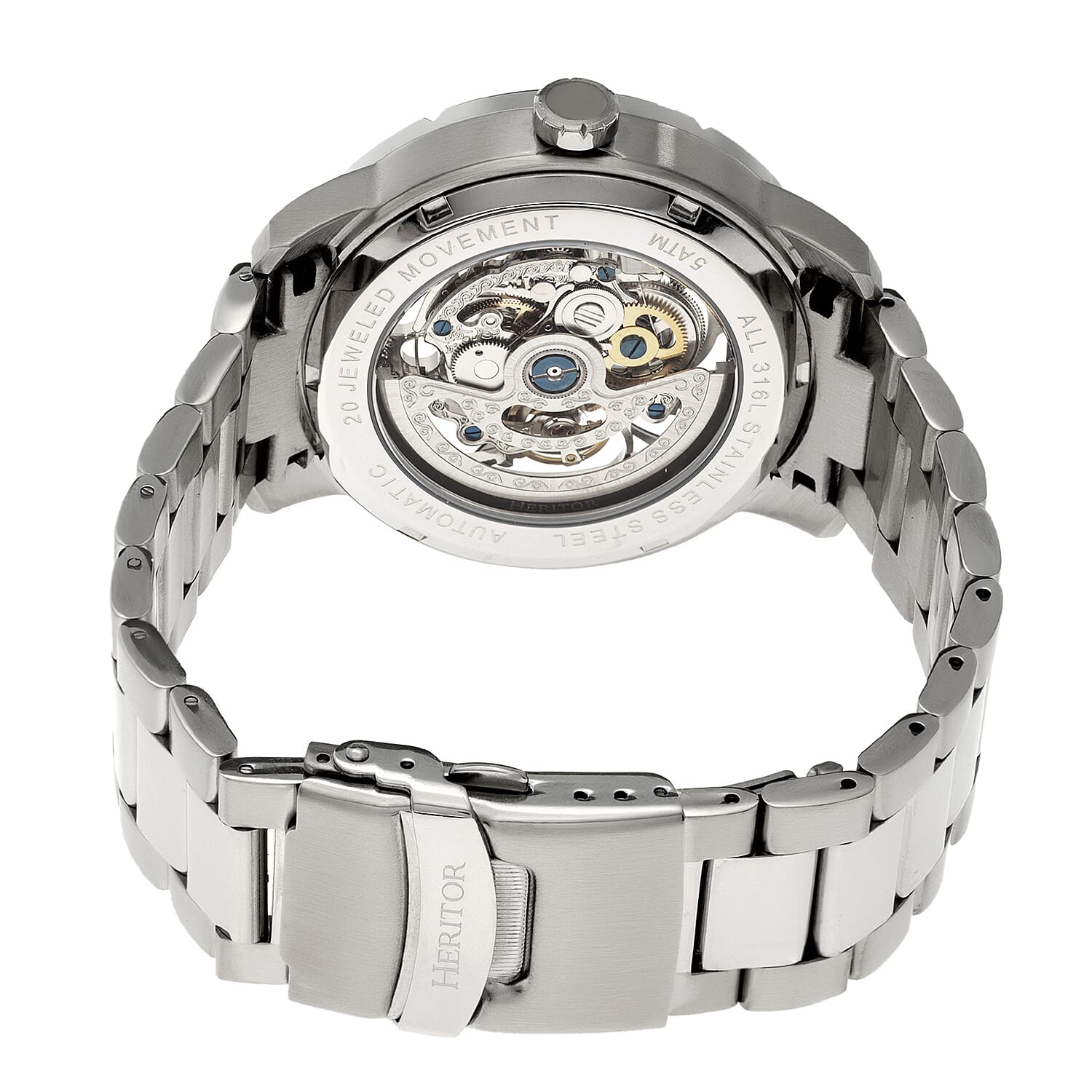 Heritor Ryder Automatic Movement 5 ATM Water Resistant Watch with Skeleton Display & Stainless Steel Chain Strap in Silver & Black Tone