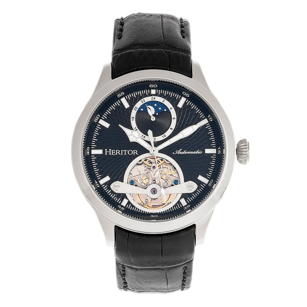 Heritor Automatic Gregory Watch with Black Genuine Leather Strap - Silver