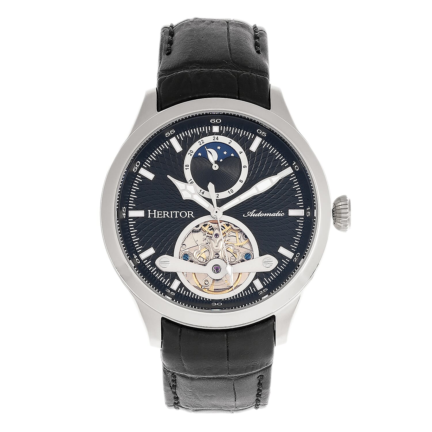Heritor Automatic Gregory Watch with Black Genuine Leather Strap - Silver