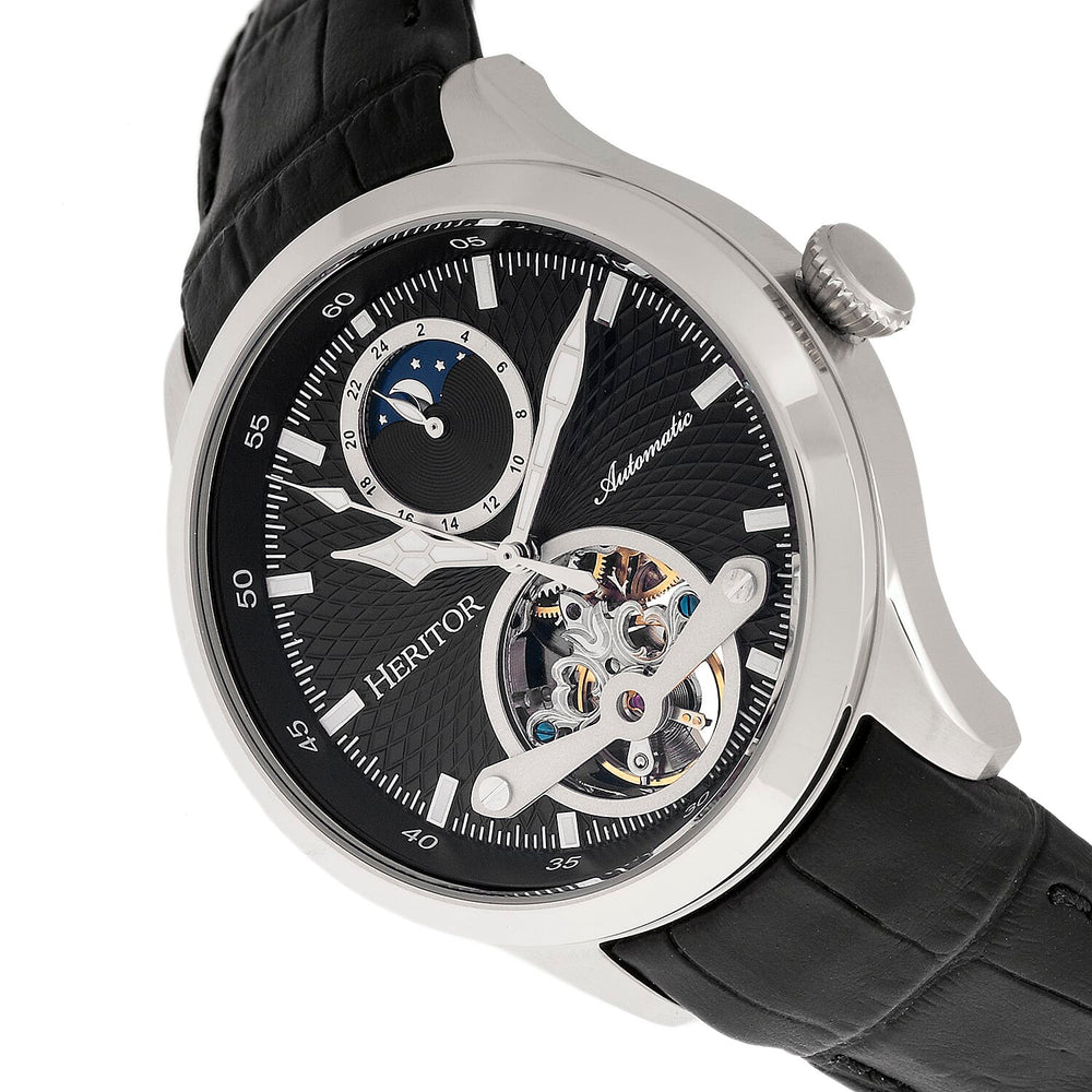 Heritor Automatic Gregory Watch with Black Genuine Leather Strap - Silver