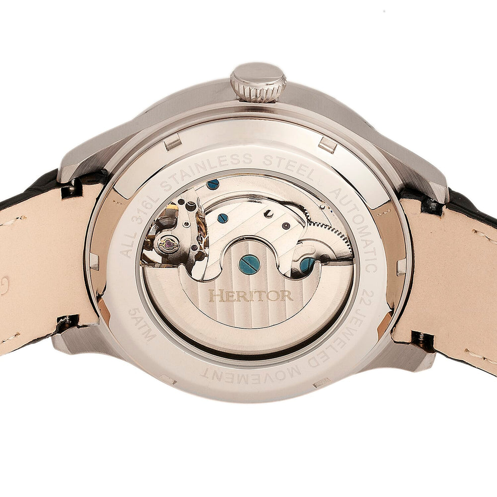 Heritor Automatic Gregory Watch with Black Genuine Leather Strap - Silver