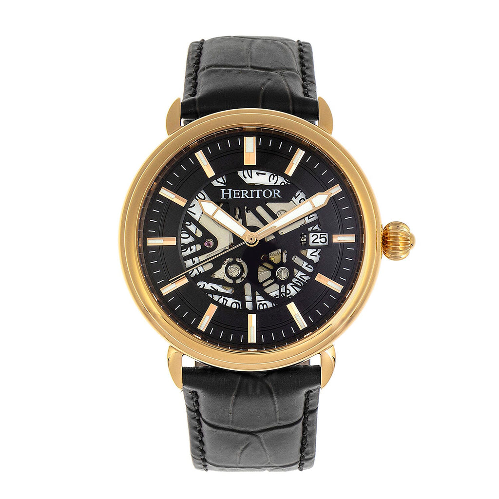 Heritor Mattias Seiko NH35 Movement with Genuine Leather Black Strap - Gold