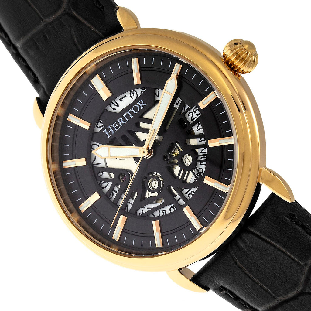 Heritor Mattias Seiko NH35 Movement with Genuine Leather Black Strap - Gold