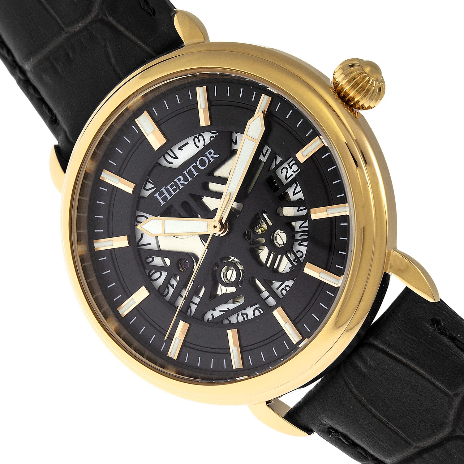 Heritor Mattias Seiko NH35 Movement with Genuine Leather Black Strap - Gold