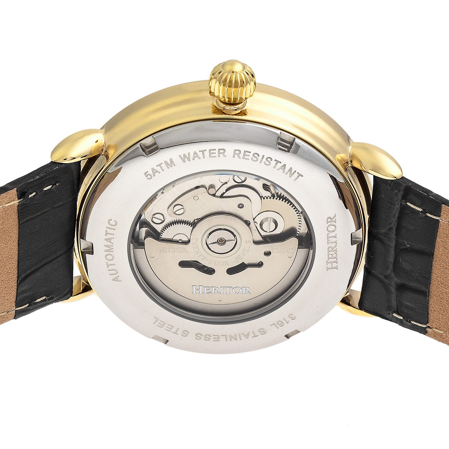 Heritor Mattias Seiko NH35 Movement with Genuine Leather Black Strap - Gold