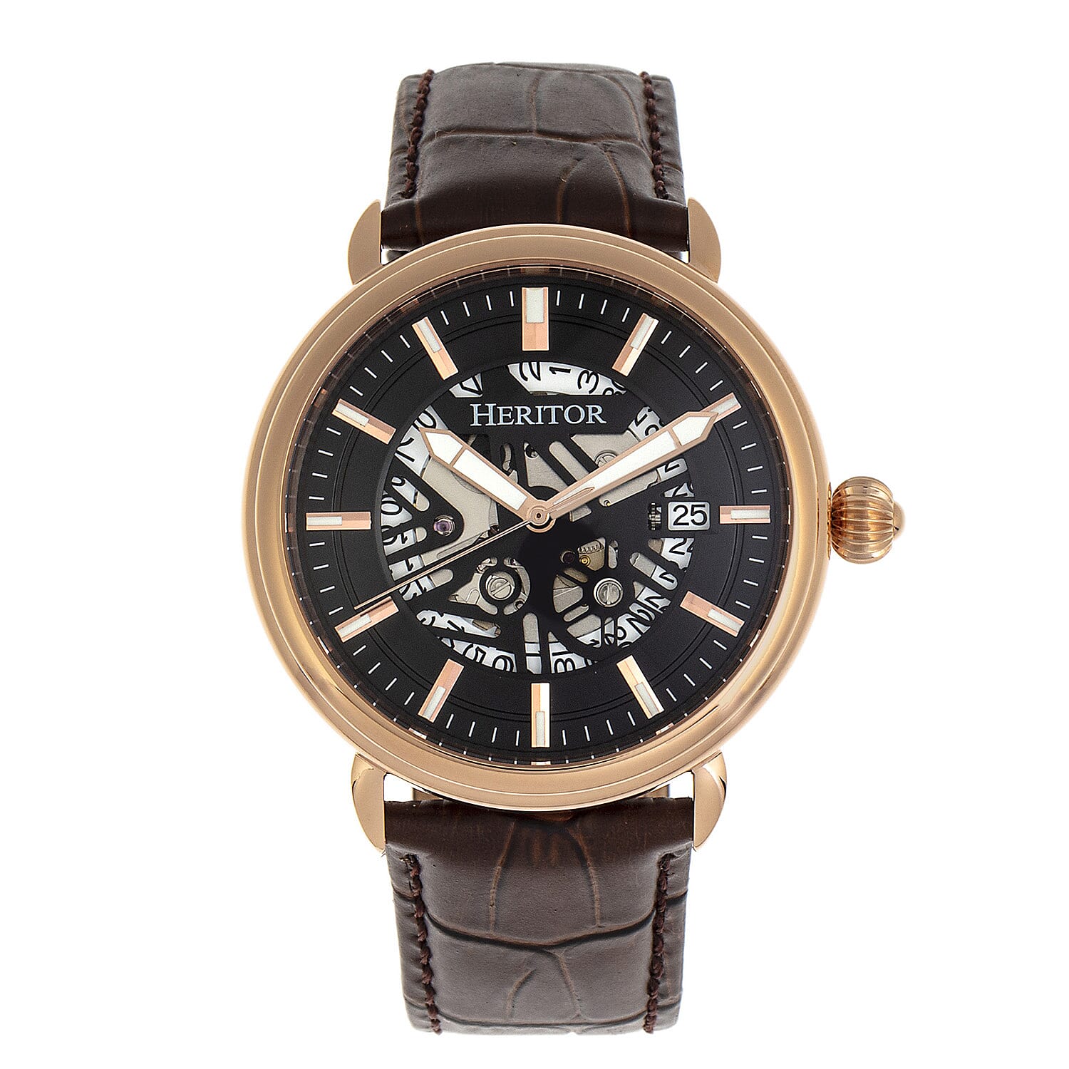 Heritor Mattias Seiko NH35 Movement with Genuine Leather Black Strap - Rose Gold