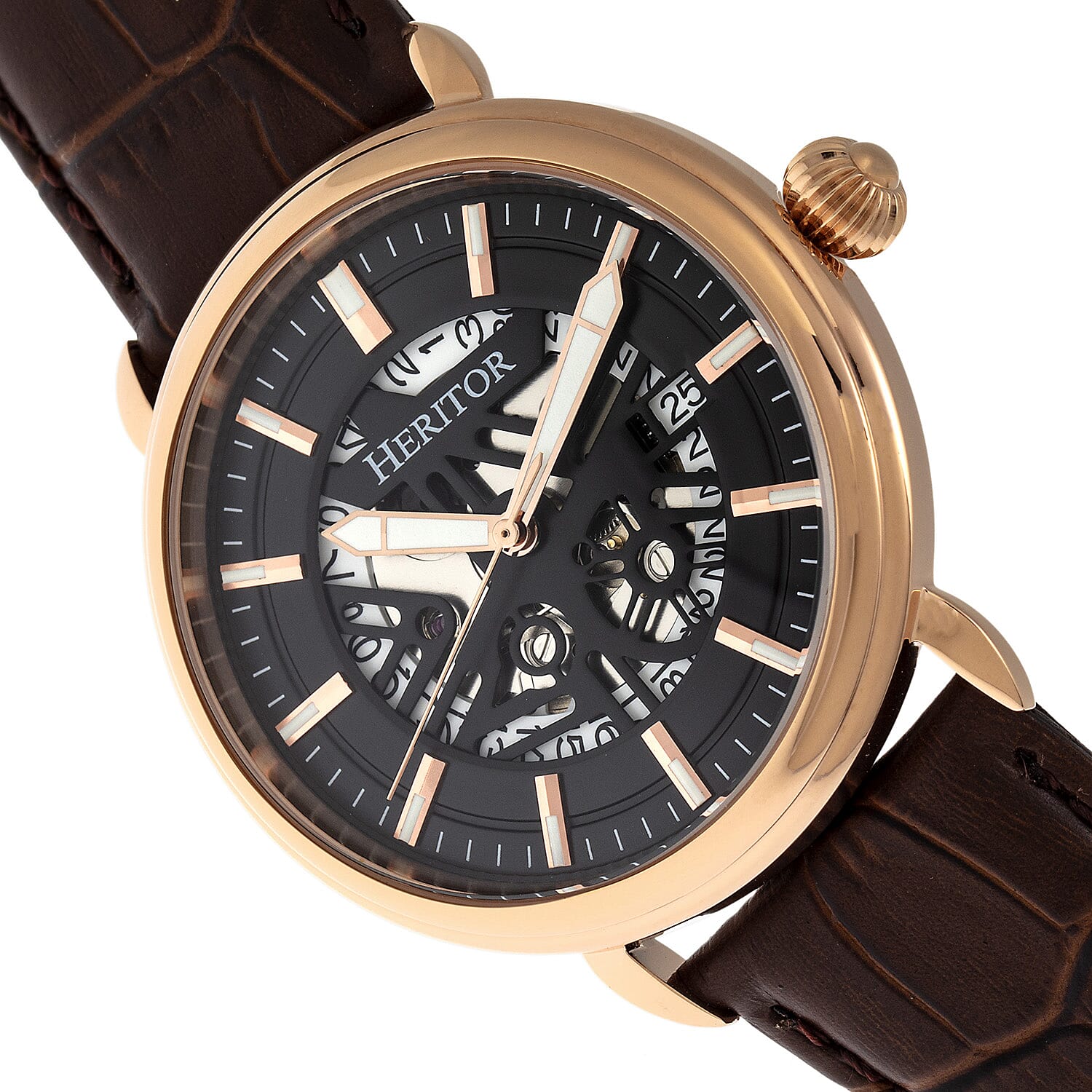 Heritor Mattias Seiko NH35 Movement with Genuine Leather Black Strap - Rose Gold