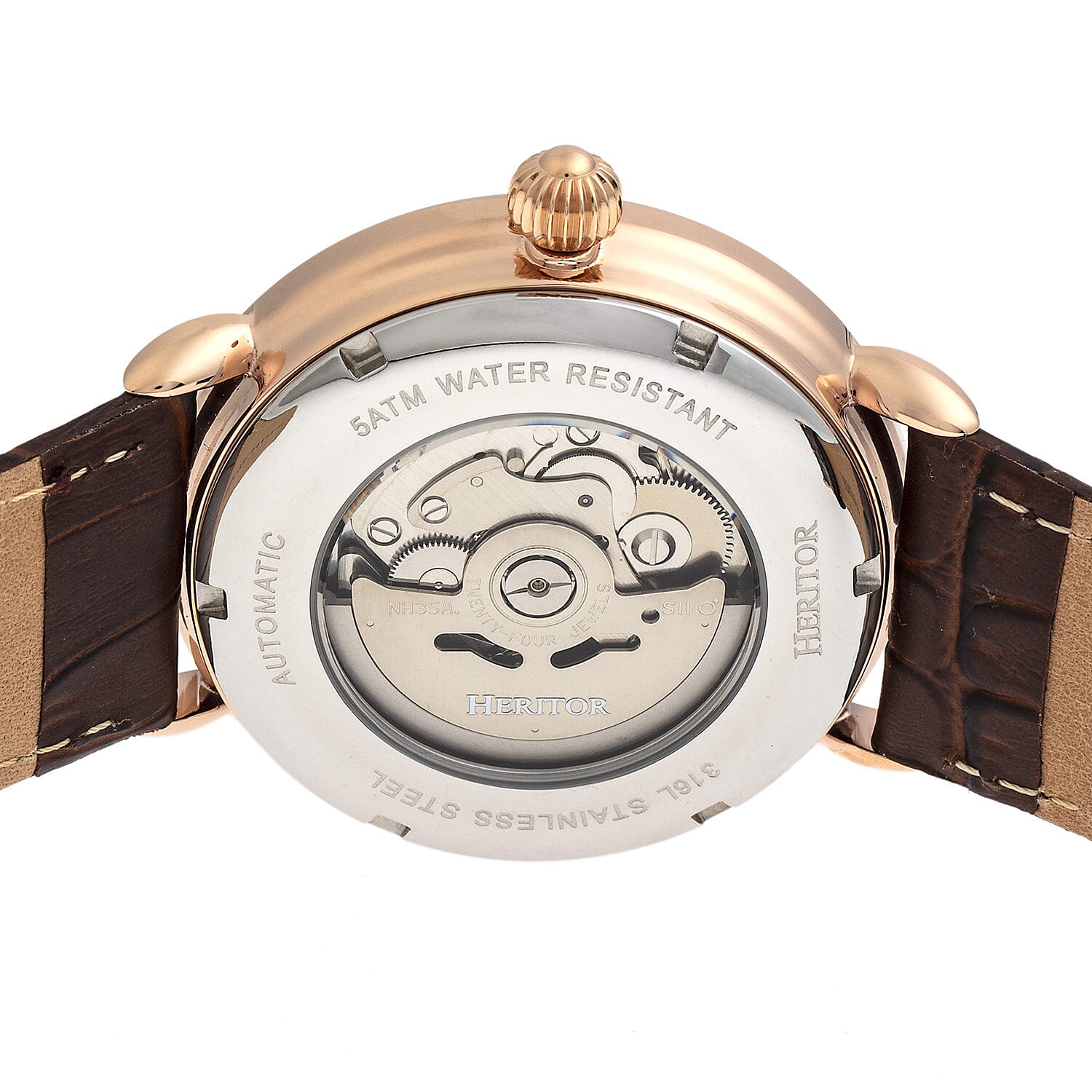 Heritor Mattias Seiko NH35 Movement with Genuine Leather Black Strap - Rose Gold