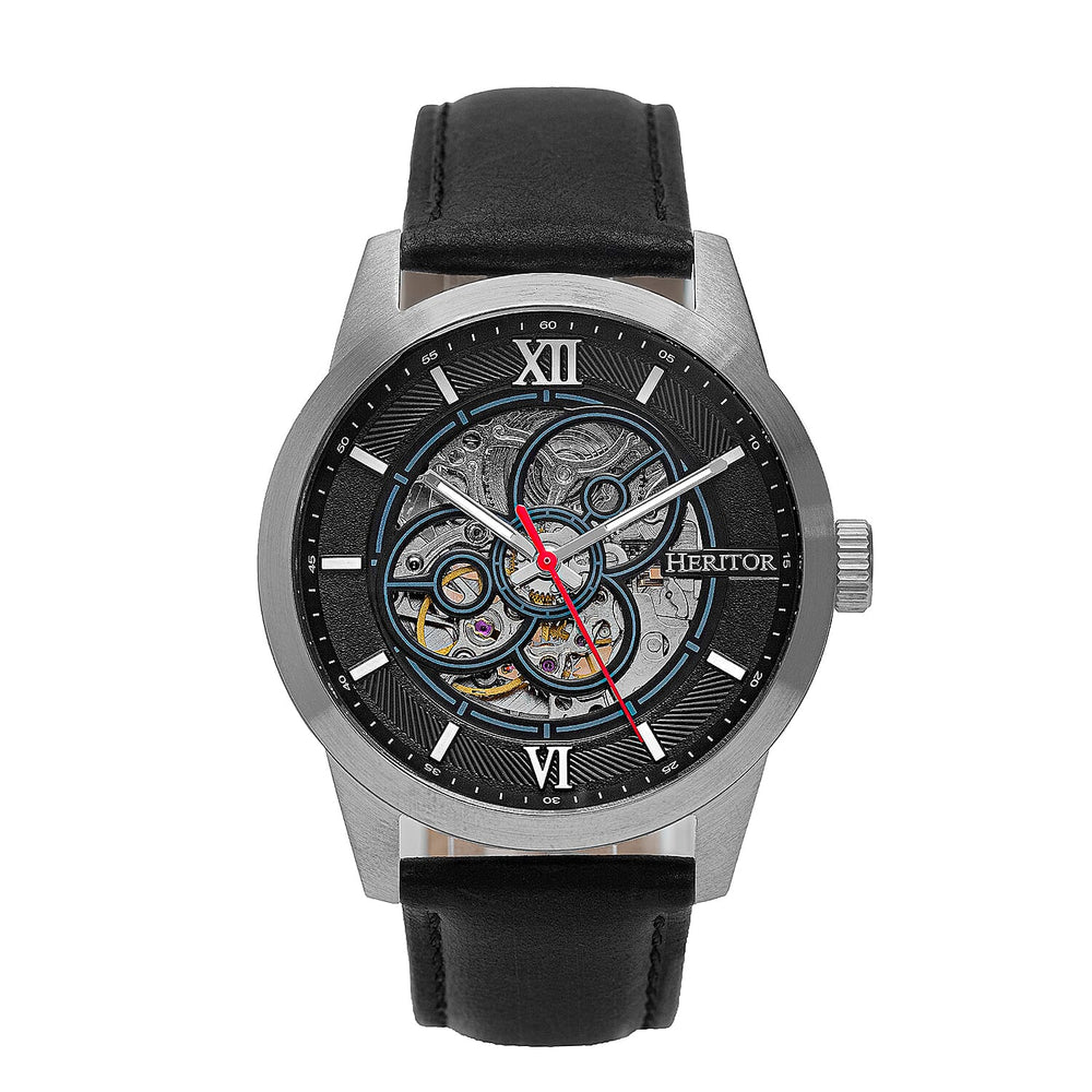 Heritor Jonas Automatic Movement with Black Genuine Leather Strap - Silver