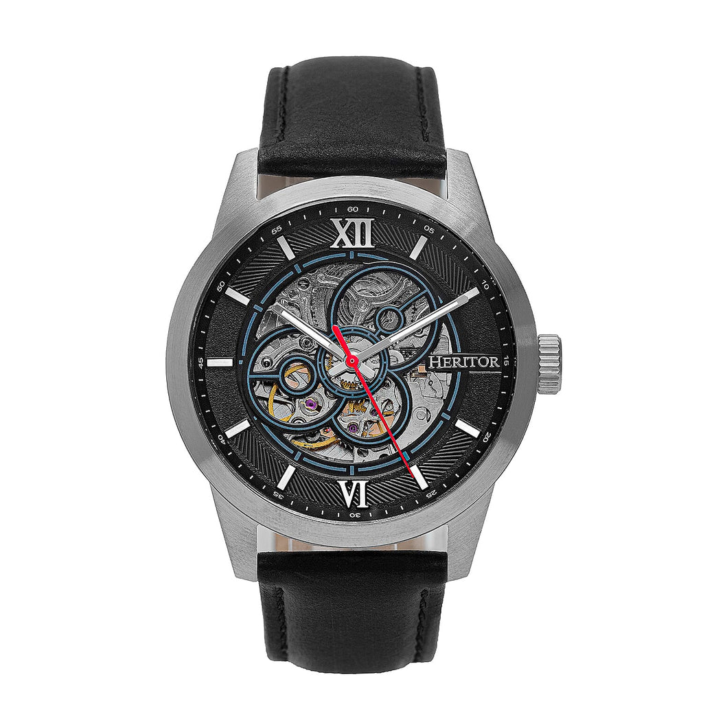 Heritor Jonas Automatic Movement with Black Genuine Leather Strap - Silver