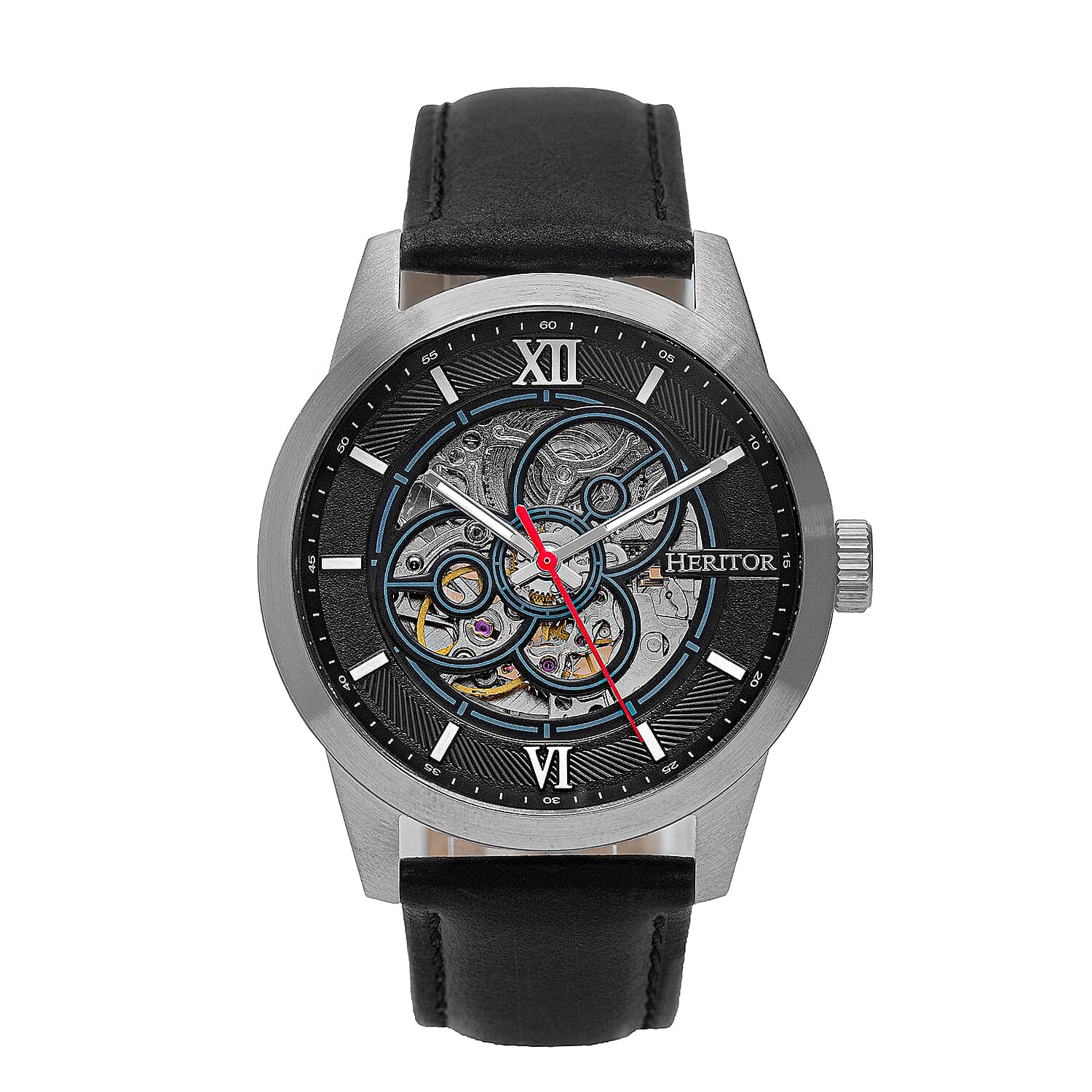Heritor Jonas Automatic Movement with Black Genuine Leather Strap - Silver